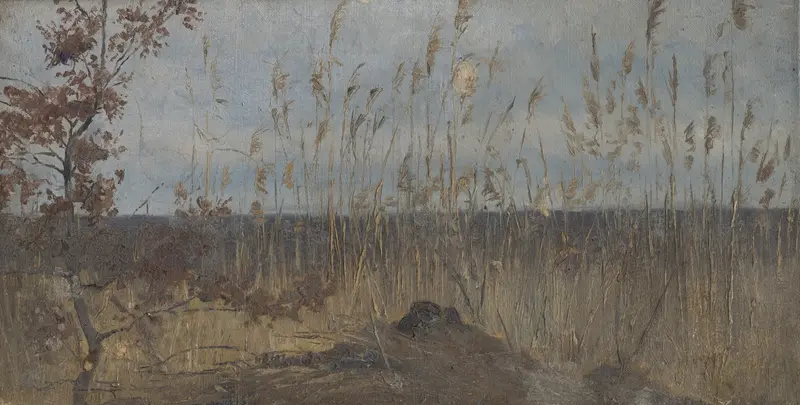 Study of a Marsh Landscape by Ladislav Mednyánszky, oil on canvas depicting tranquil marsh waters and foliage.