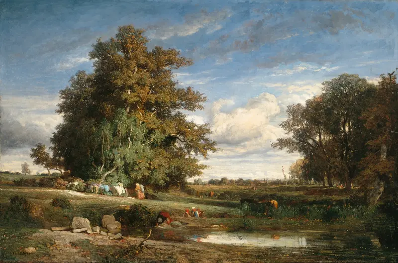 Tranquil marsh landscape with reflections, oil on canvas by Constant Troyon
