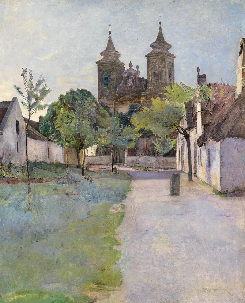 Blick auf einen Kirchenvorplatz by Wilhelm Bernatzik, oil on canvas depicting a quaint church and cobblestones.
