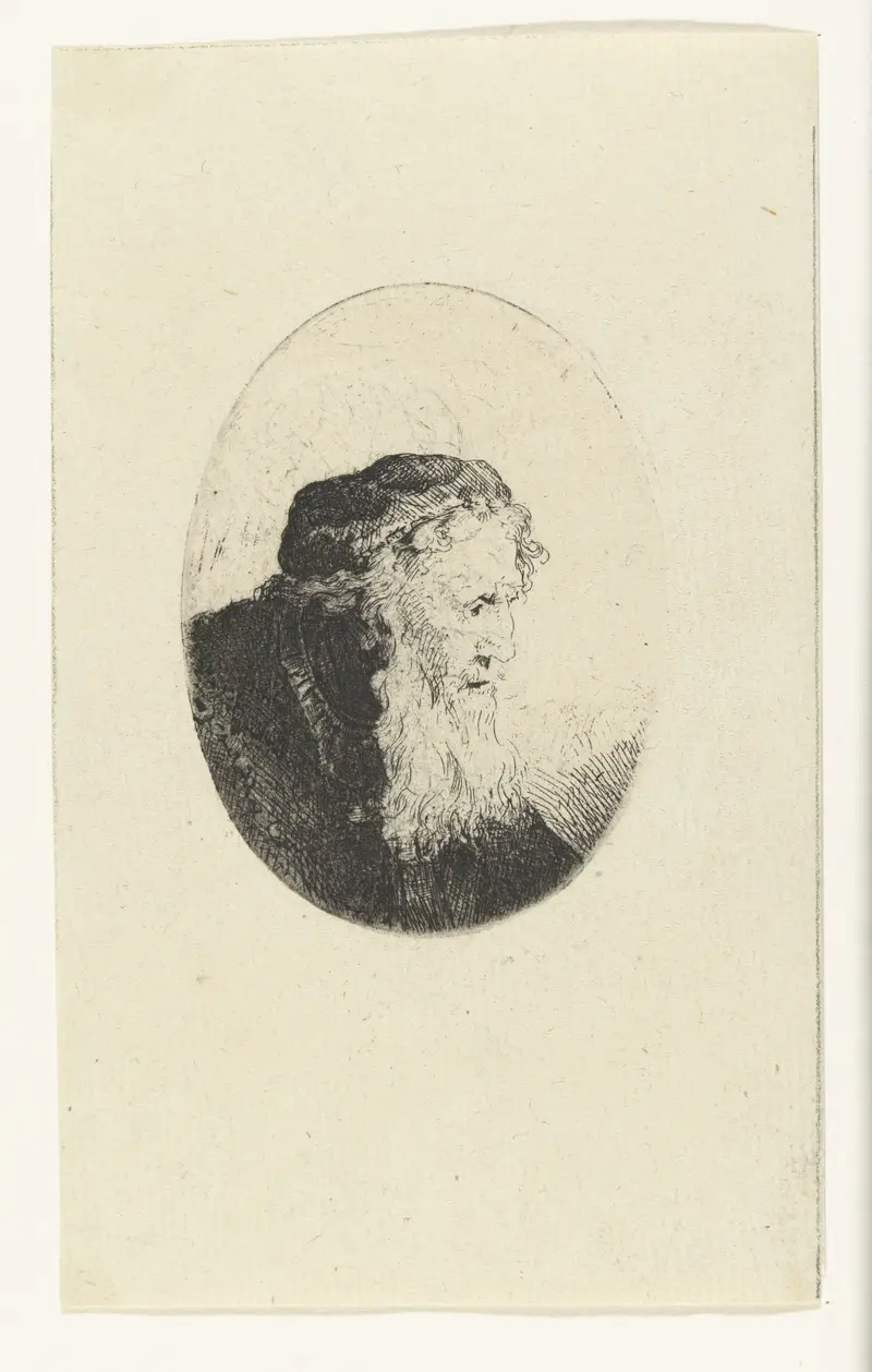 Portrait of an old man with a long beard, etching by Ferdinand Bol