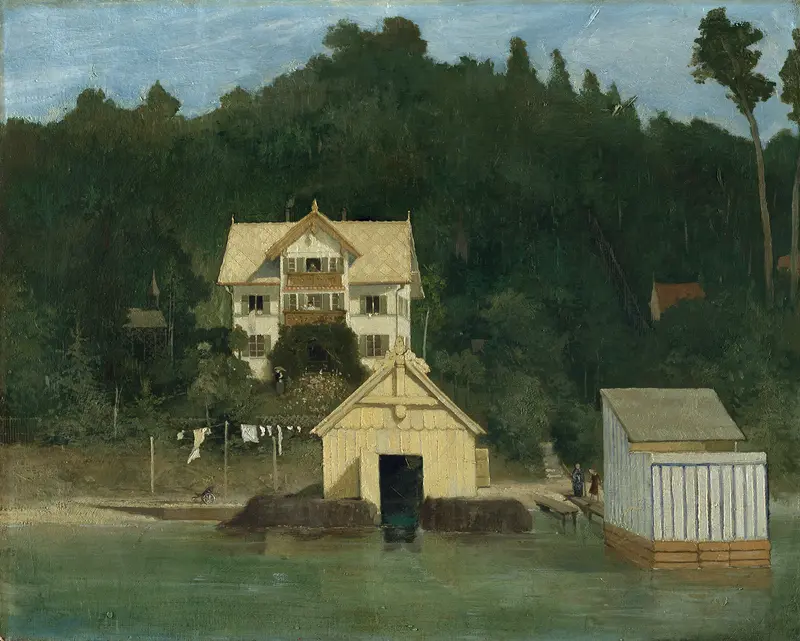 A house partially hidden by trees and brush, with sunlight filtering through foliage, creating a serene atmosphere.