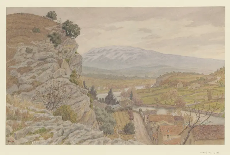 Watercolour by Henri Rivière depicting Mont Ventoux against a pale sky