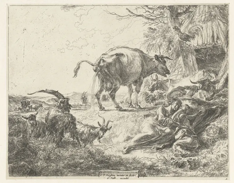 Slapende herdersfamilie en rustend vee etching by Nicolaes Pietersz Berchem depicting a family and cattle at twilight.