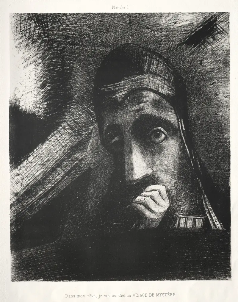 Odilon Redon's painting 'In My Dream I Saw in the Sky a Face of Mystery' features a mysterious face against a dreamlike sky.
