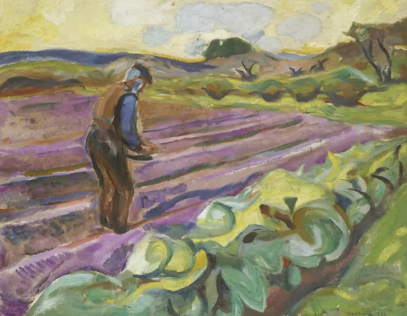 Edvard Munch's 'The Sower' depicts a figure sowing seeds in a vibrant landscape.