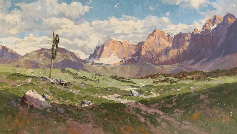 The Seiser Alm in South Tyrol by Hans Maurus, oil on canvas depicting meadows and mountains.