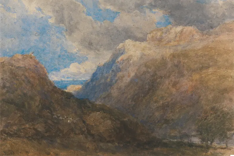 Landscape by David Cox, 1855, depicting twilight hues and serene nature.