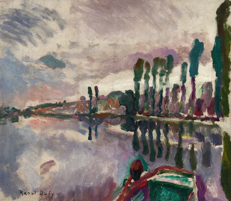 Landscape oil painting by Raoul Dufy depicting a river and village