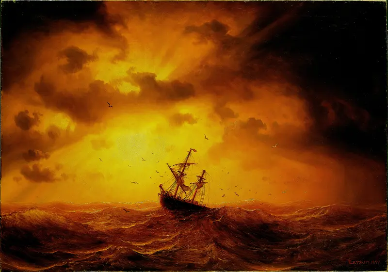 Stormy Sea by Marcus Larson, oil on canvas depicting turbulent waves and dark clouds
