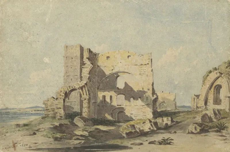 Lindisfarne Abbey on Holy Island, Northumberland, watercolor by John Varley