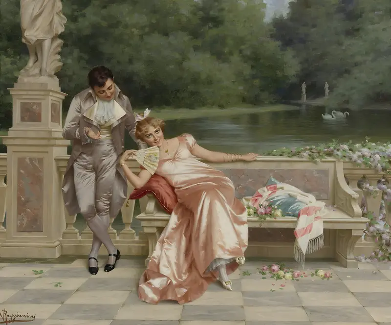 A charming scene of flirtation between a man and a woman in a lavish interior.
