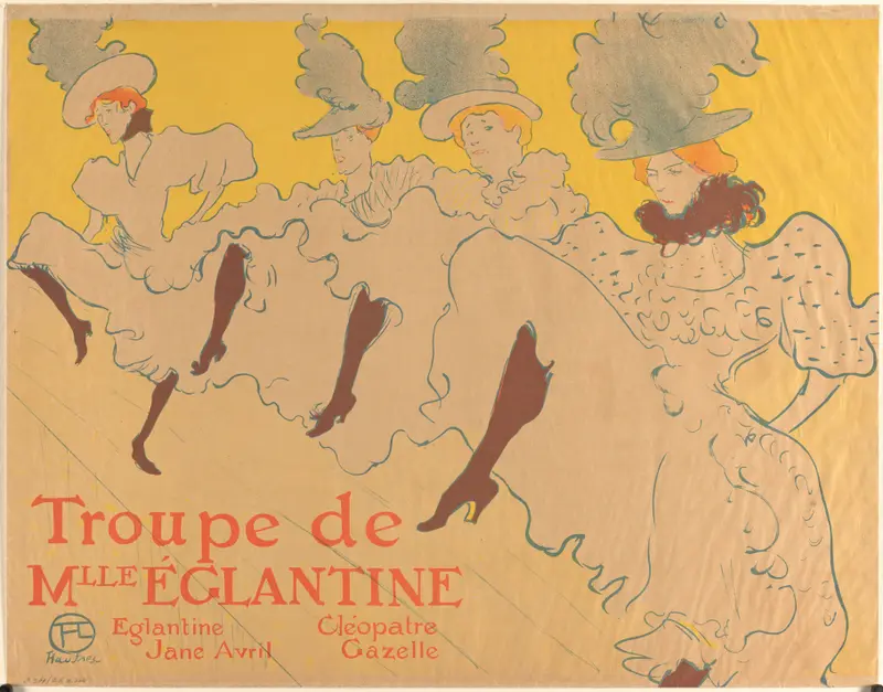 Henri de Toulouse-Lautrec's painting 'Mademoiselle Eglantine’s Troupe' captures a lively scene of performers.