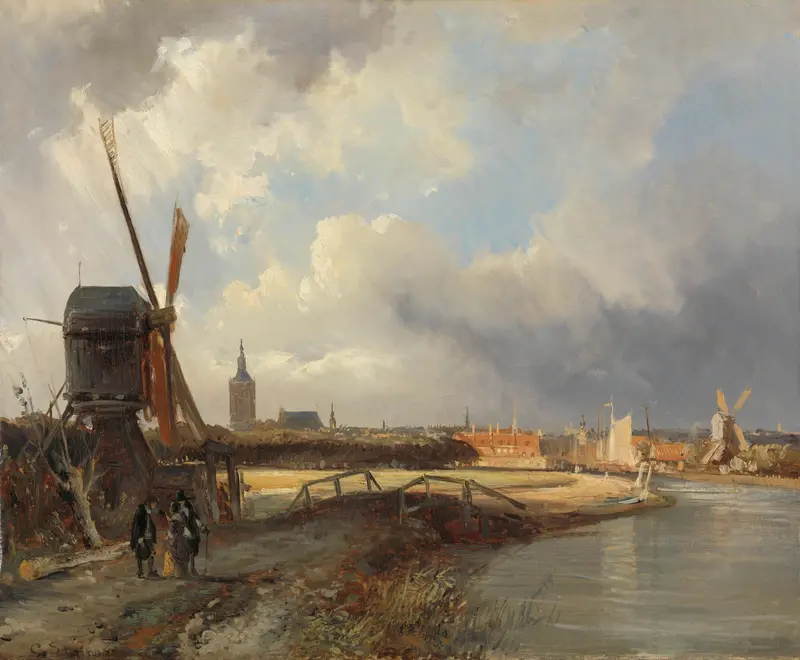 Oil painting by Cornelis Springer depicting The Hague with a church tower.