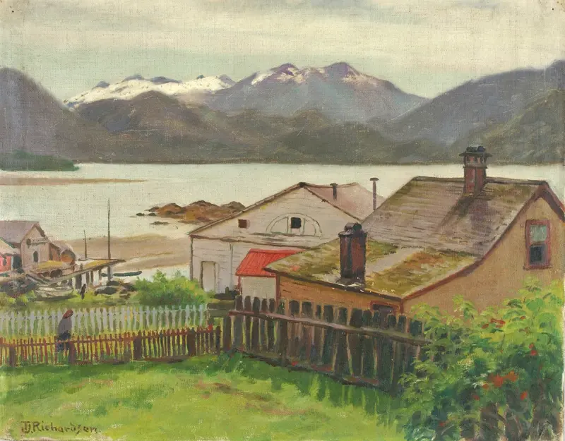Landscape of Sitka with sunlit buildings and cobbled streets by Theodore J. Richardson, oil painting