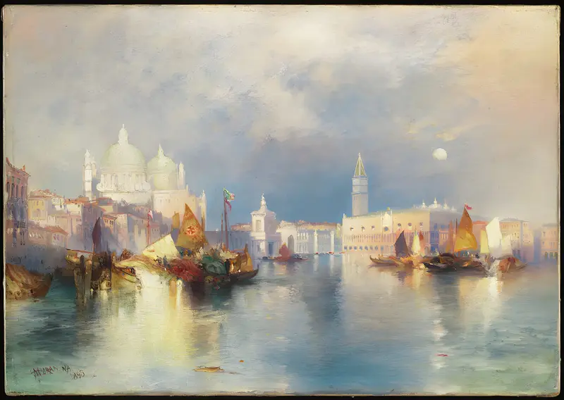 Venice landscape by Thomas Moran, oil on canvas depicting ancient architecture and golden light