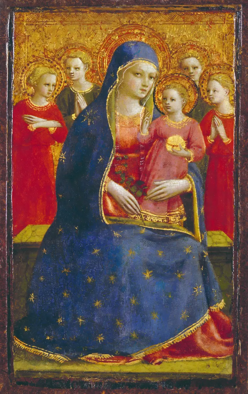Madonna and Child with Angels by Fra Angelico depicts the Virgin Mary and the Christ Child surrounded by adoring angels.