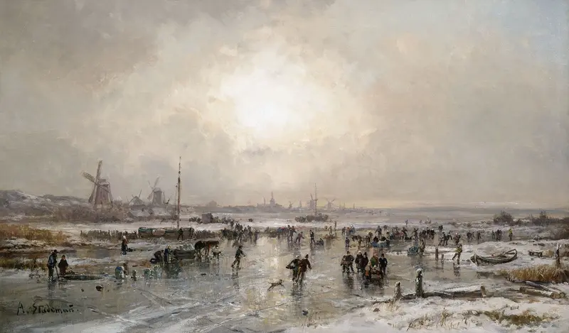 Winter scene with skaters on ice, oil painting by Adolf Stademann