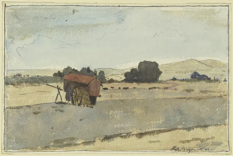 Shepherd’s cart by Ferdinand Balzer, oil on canvas depicting a weathered cart in a rural landscape.