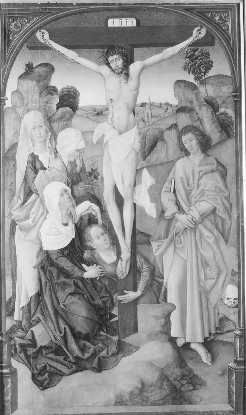 Crucifixion scene in oil on panel by an unidentified artist, depicting grief and faith.