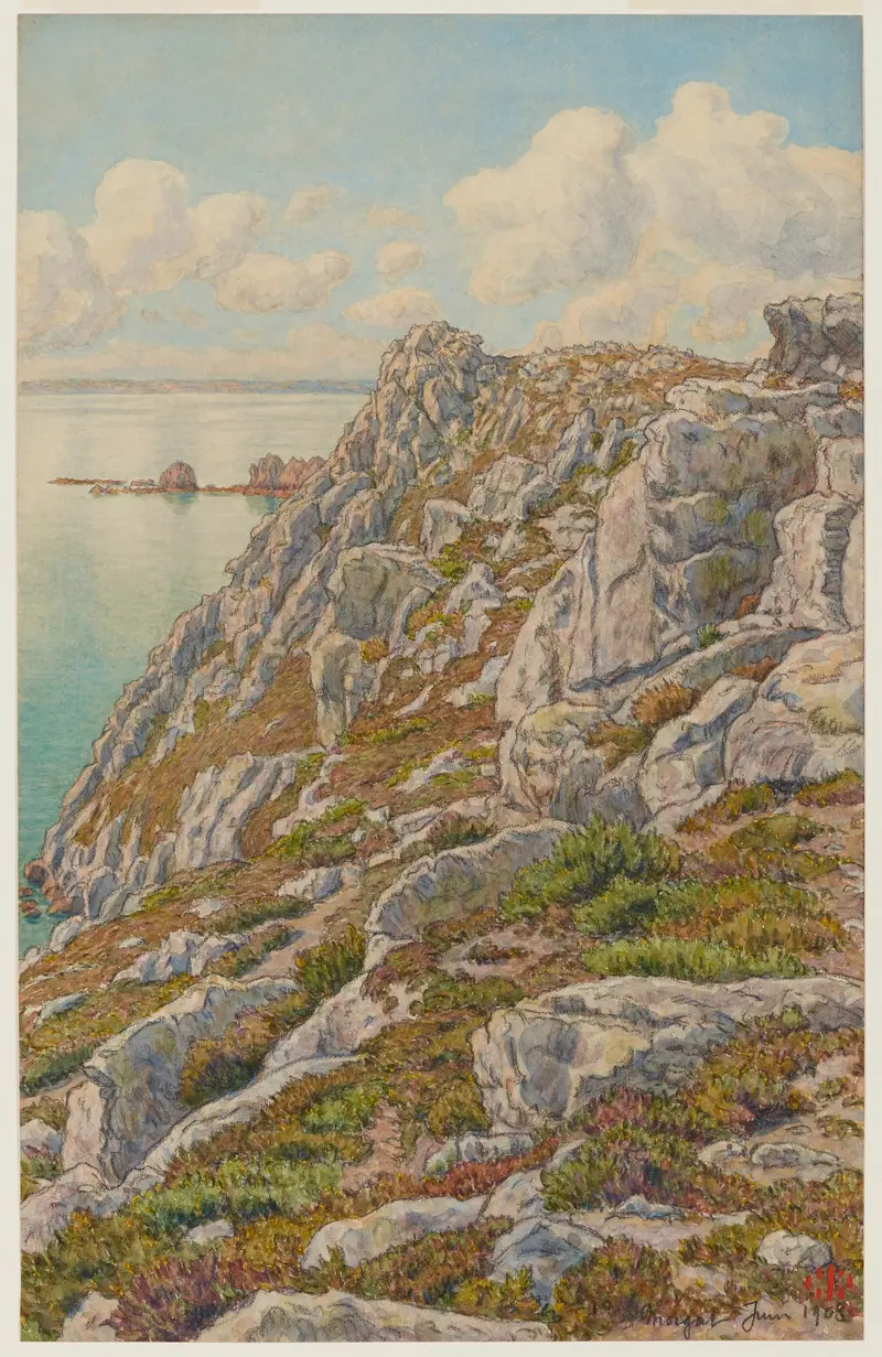 Coastal scene with cliffs and waves, watercolor on paper by Henri Rivière