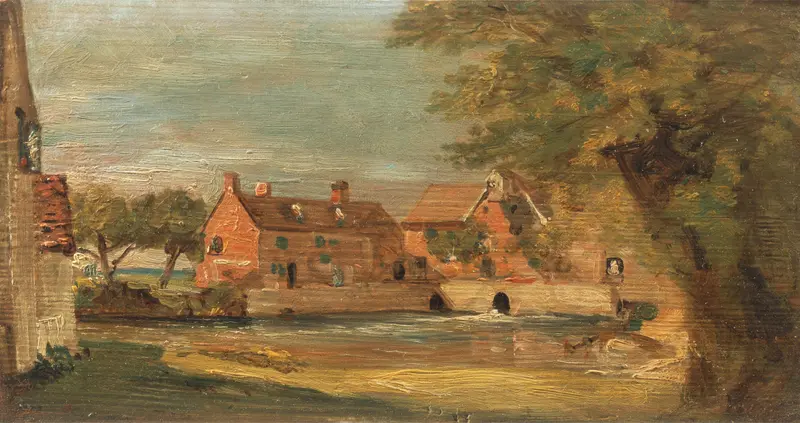 A broad leafy tree arches over Flatford Mill and a bridge with three dark arches, surrounded by trees, water, and a small building under a muted sky.