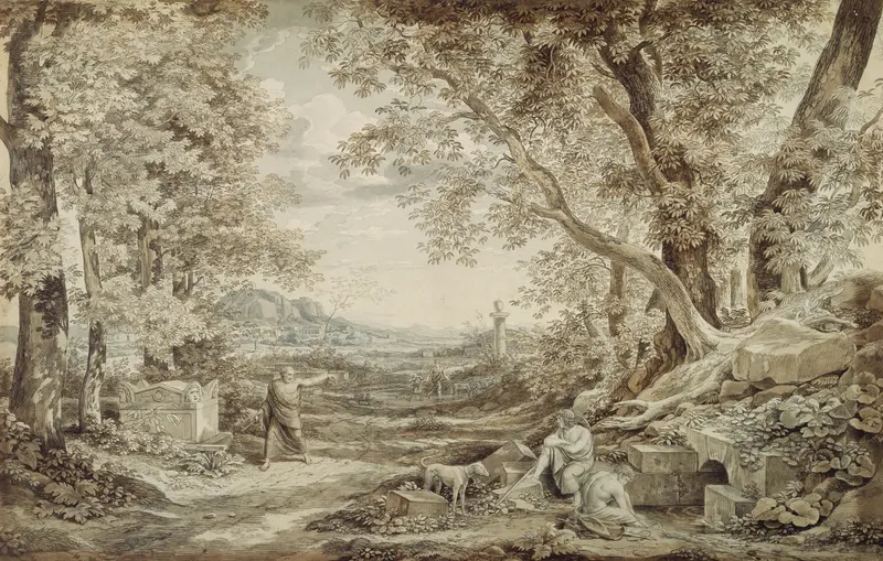 Landschaft mit antiken Denkmälern by Johann Christian Reinhart, oil on canvas depicting a serene landscape.