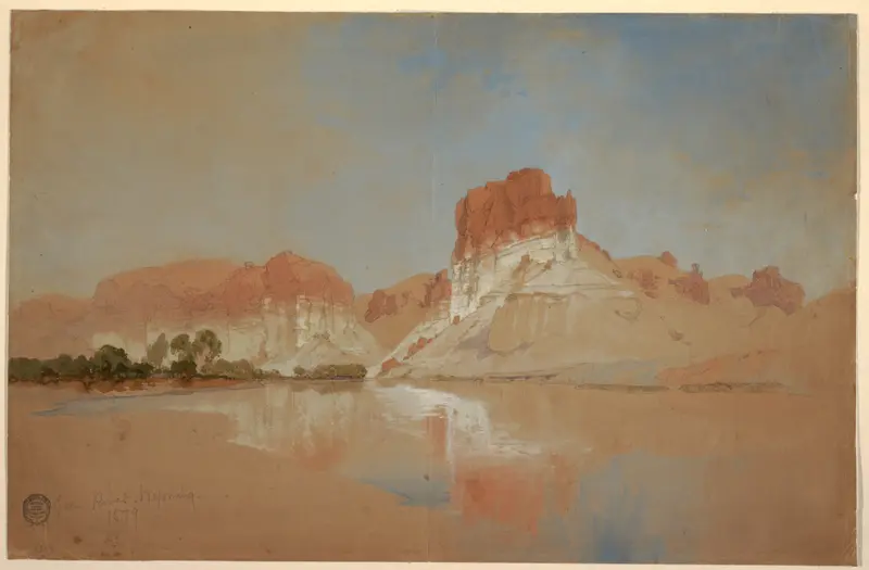 Green River, Wyoming Territory by Thomas Moran, oil on canvas depicting a river flowing through mountains