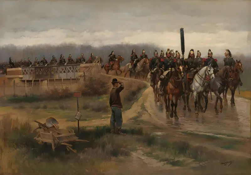 Historical oil painting by Jean Baptiste Édouard Detaille depicting a soldier in uniform.