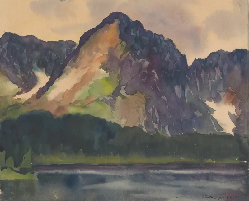 Rocky hills above a river, oil on canvas by Zolo Palugyay