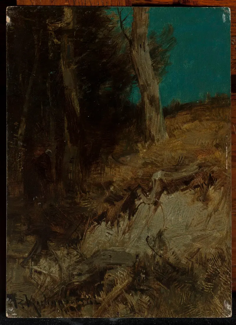 Nocturnal landscape by Roman Kazimierz Kochanowski, oil painting featuring hills under moonlight.