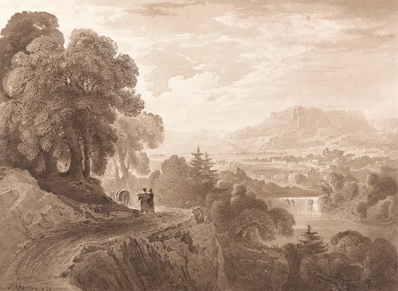 Travelers on a road above a river, oil on canvas by John Martin
