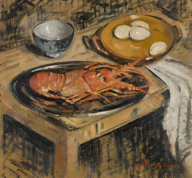 A vibrant still life painting featuring a lobster and various fruits.