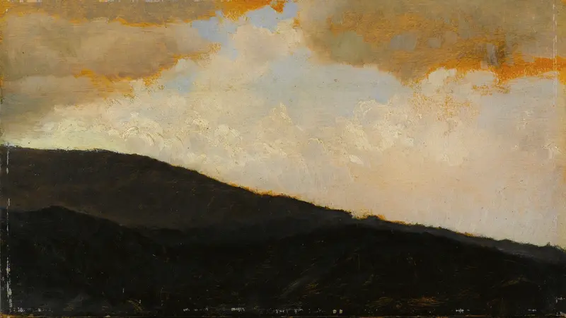 Veduta Del Vesuvio by Giuseppe De Nittis, oil on canvas depicting Vesuvius under a golden sky.