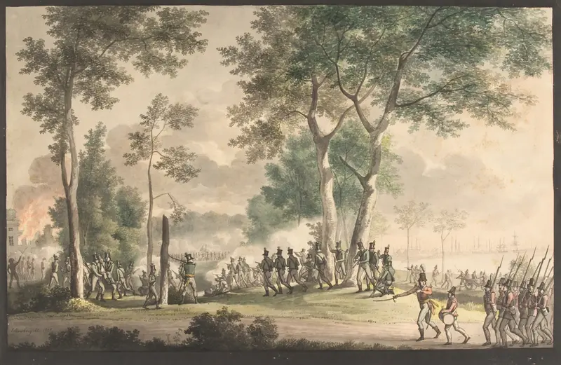 Historical oil painting by Christoffer Wilhelm Eckersberg depicting soldiers in battle