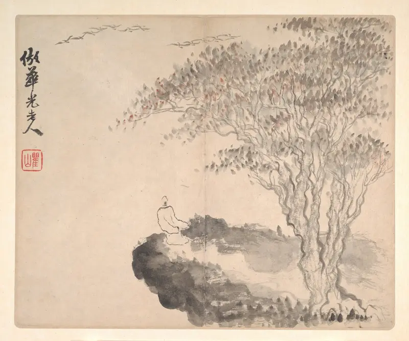 Chinese Traditional landscape by Mei Qing featuring a river and trees under moonlight