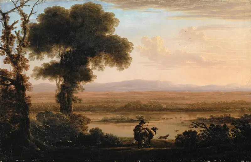 Southern River Landscape by Herman van Swanevelt, oil on canvas showing a tranquil river at twilight.