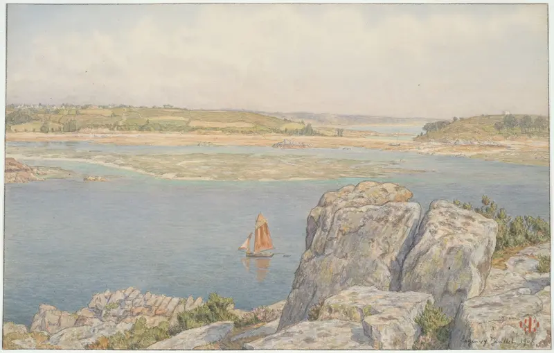 Watercolour by Henri Rivière depicting a tranquil river landscape with gentle curves