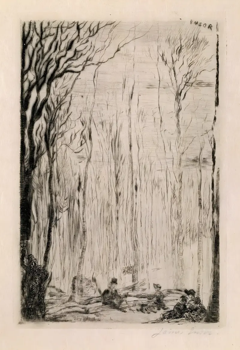Forest at Groenendael, oil on canvas by James Ensor, depicting a lush forest with dappled sunlight