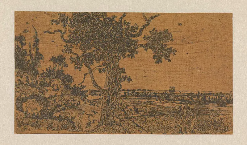 Landscape with an oak tree and distant view, etching by Hercules Segers