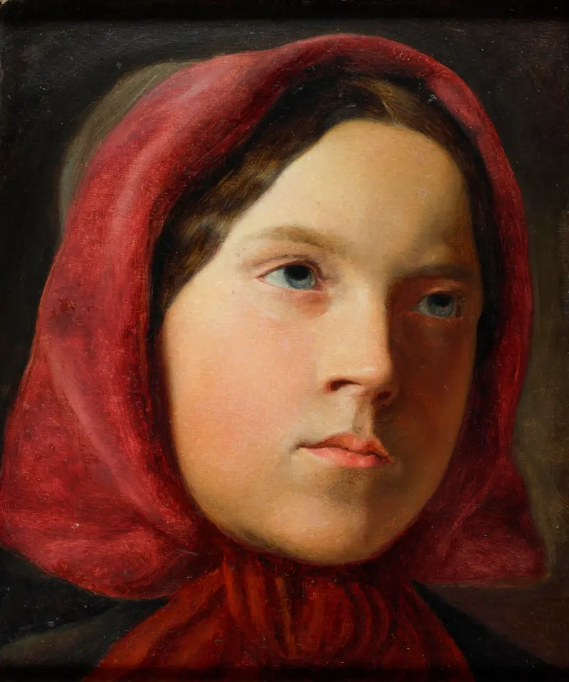 A portrait of a young woman wearing a red headscarf.