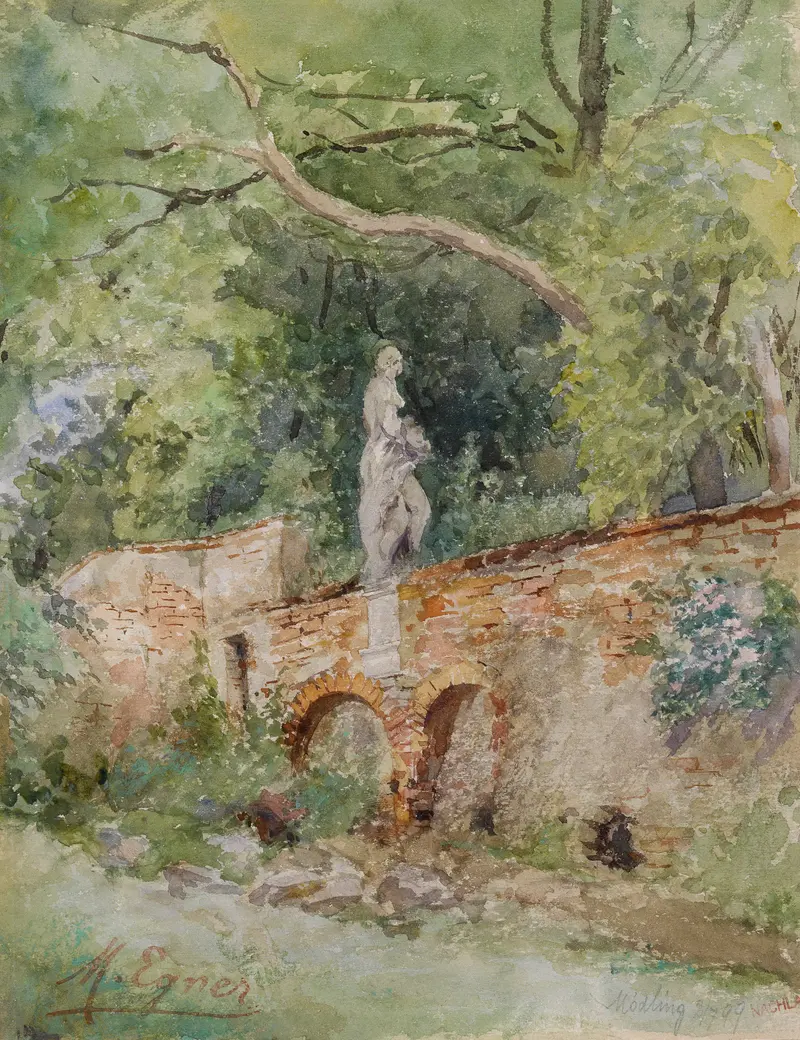oil painting by Marie Egner depicting a stone figure and a bridge in a lush landscape