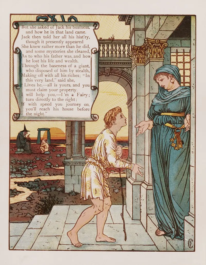 Walter Crane's 'Jack and the bean-stalk Pl.4' depicts a vibrant scene from the classic fairy tale.