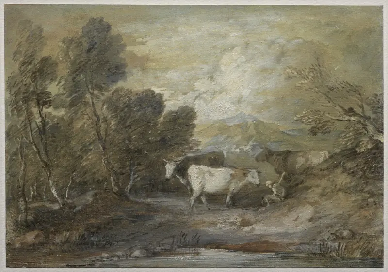 A Herdsman with Three Cows by Thomas Gainsborough, oil painting depicting a herdsman by an upland pool.