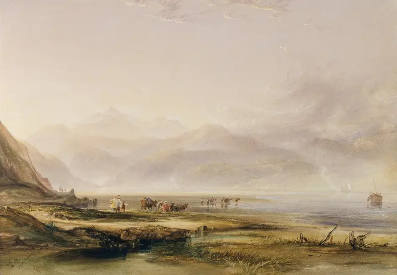Coastal landscape with hills and sunlight, watercolor by Copley Fielding