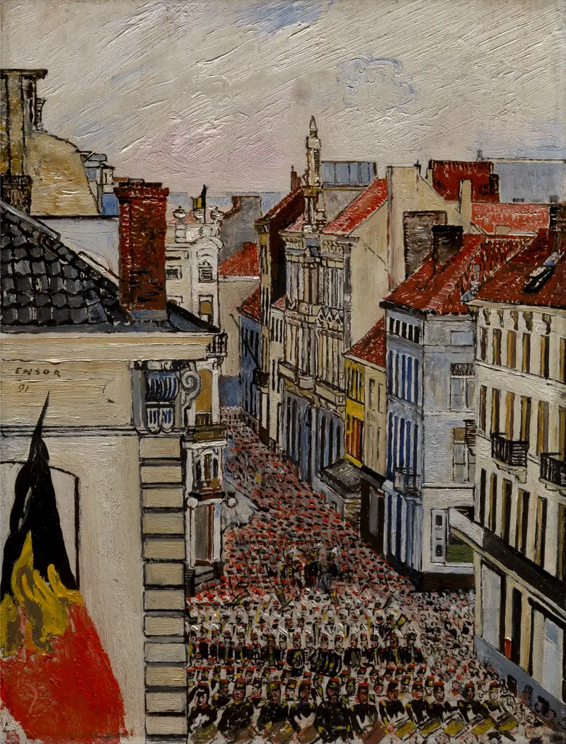 Genre scene with a vibrant crowd in Music in Vlaanderenstraat by James Ensor, oil on canvas