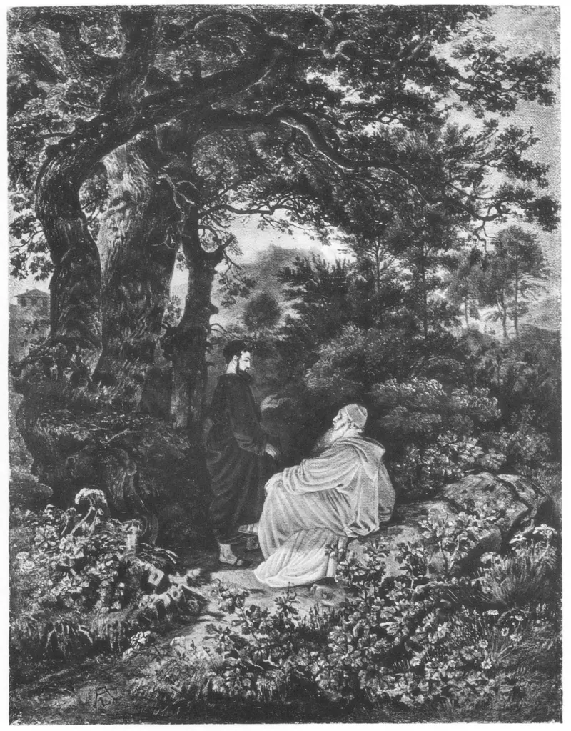 Two monks in quiet conversation beneath an ancient tree, surrounded by dense foliage.