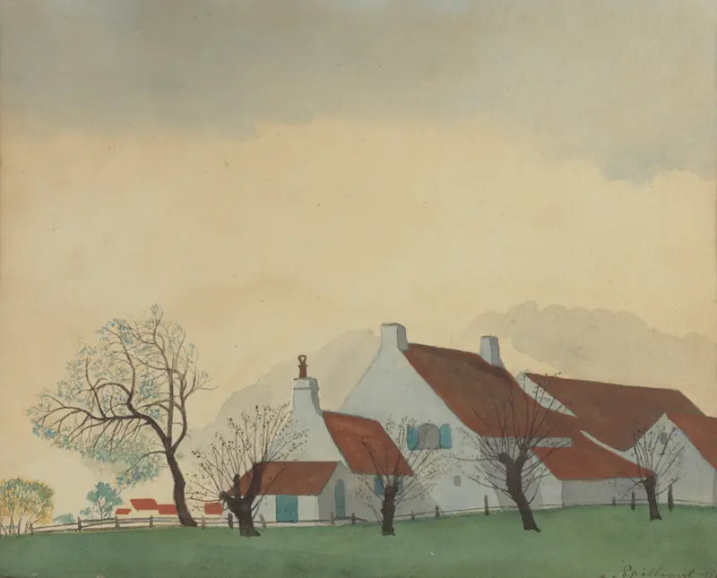 Landschap met hoeve by Léon Spilliaert, oil painting depicting a farmhouse in a serene landscape