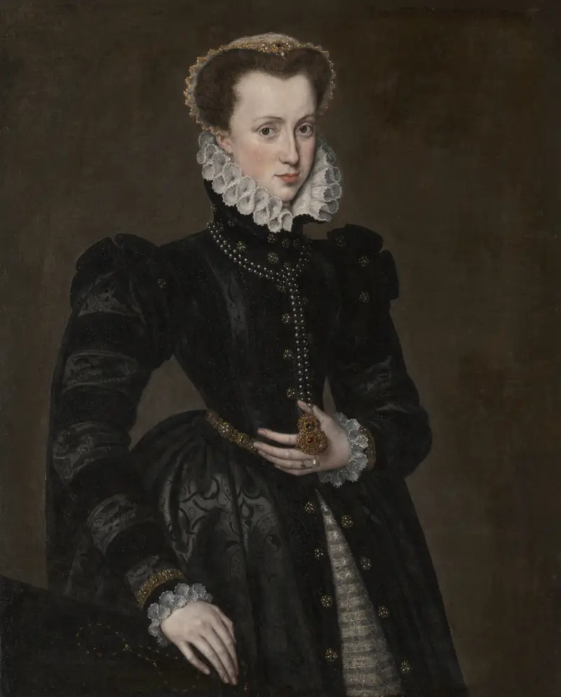 Portrait of a Court Lady, oil on canvas by Follower of Antonis Mor, featuring intricate lace and an enigmatic gaze.
