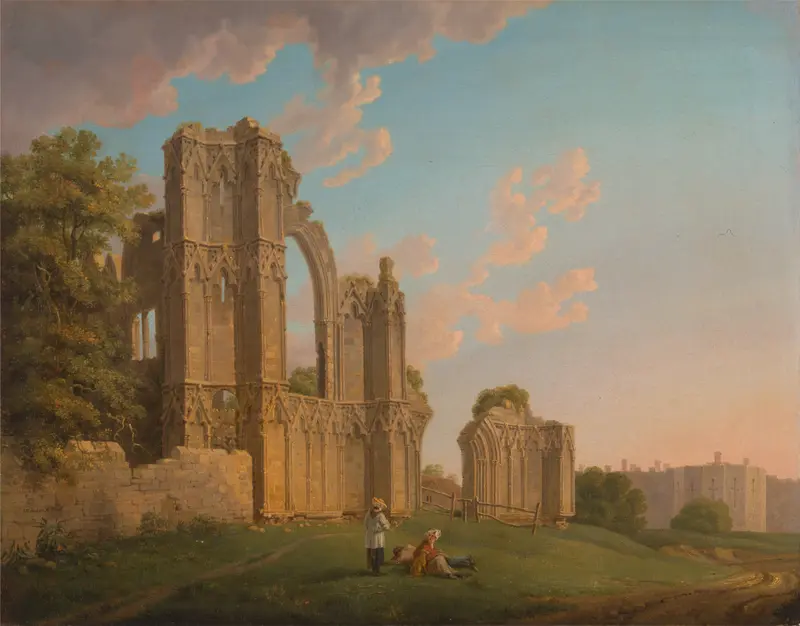 St. Mary’s Abbey, York by Michael Angelo Rooker, oil painting depicting an architectural landscape.