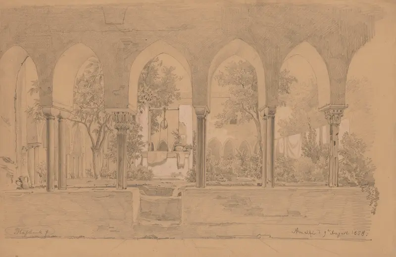 Cloister with Arcade Gallery in Amalfi by Arthur Blaschnik, oil painting depicting arches and sunlight.